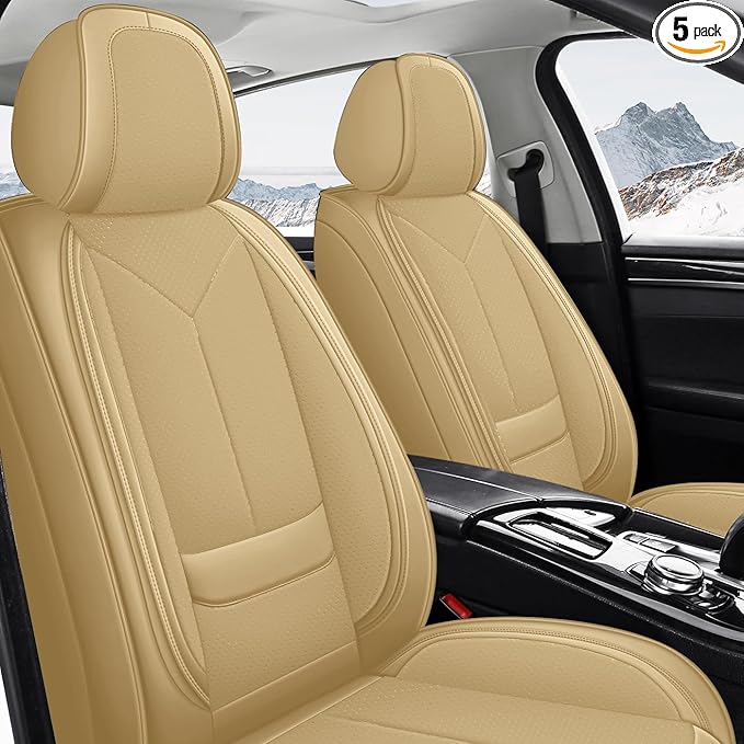 Universal Waterproof Nappa Leather Car Seat Covers - Full Set Protects & Keeps Front Rear Seats Clean - Comfortable & Fashionable Bucket Seat Protector Fits Most Cars, SUVs, Sedans -Beige