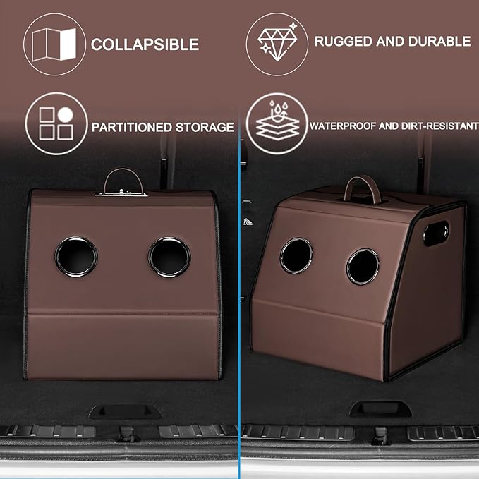 HOLDCY Car Trunk Organizer - Waterproof & Easy to Clean – Expand Your Storage Space - Adjustable Compartments and Foldable Trunk Organizer Fits Cars, SUVs, Trucks (Brown, 14.90'' x 13.77'' x 13.77'')