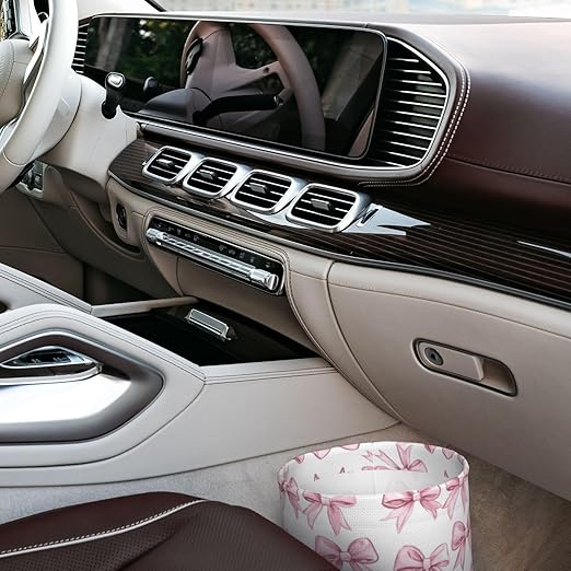 Pink Ribbon Bow Car Trash Can Leak-Proof Waterproof Hanging Trash Bin Collapsible Garbage Can for Car Accessories Travelling Camping