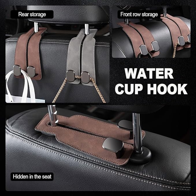 2026 New 2 in 1 Car Seat Back Storage Hook, Car Backseat Organizer Accessories, Premium Leather Headrest Hook for Auto Hooks Organizer for Handbag Purse Coat Bags (2, Black)