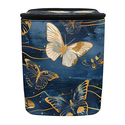 Deep Blue Car Trash Bin Adorned with Gold Butterfly Accents, Featuring a Zippered Portable Design to Keep Vehicle Neat and Organized