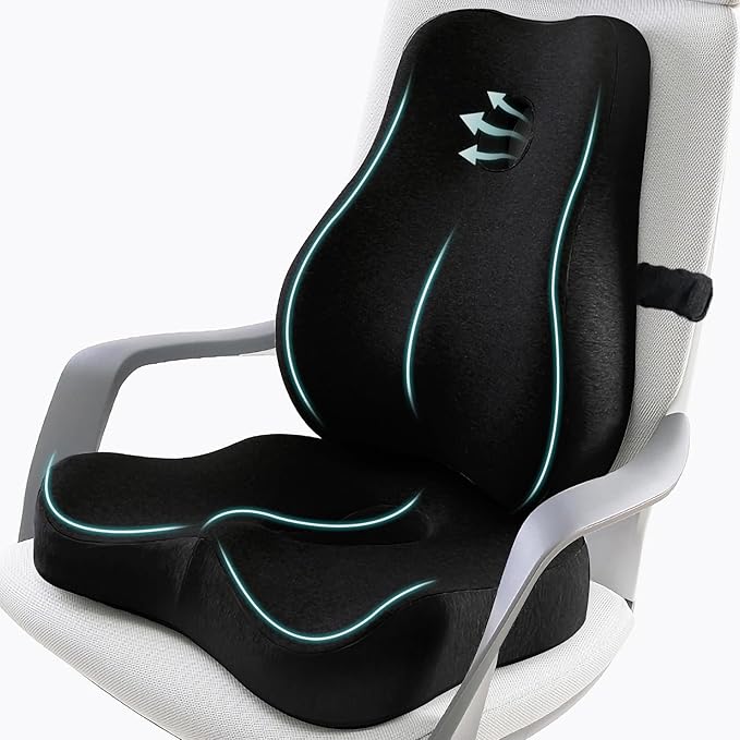 JIPORIER Seat Cushion & Lumbar Support Pillow Set for Office Chair, Ergonomic Pillow for Sciatica Pain Relief, Memory Foam Back Support Pillow & Chair Cushion for Car seat, Desk Chair (Black)