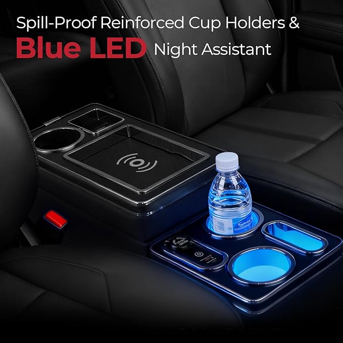 Center Console Between Seat Organizer for Minivans & SUVs - with Wireless Charging Pad, Blue LED Ambient Light, Phone Holder & Cup Holders, Middle Van Floor Console Storage Box (Black)