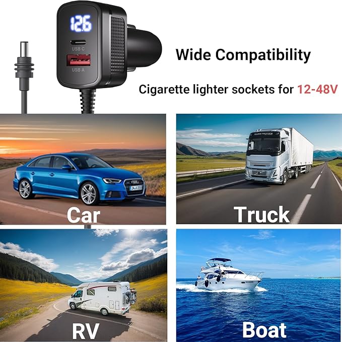 Starlink Mini Car Adapter 10FT, 3-in-1 12V DC Power Cable Cigarette Lighter Charger with Voltage Display, USB-C PD 36W + USB-A 18W (Shared 36W), 18AWG Starlink Mini Accessories for RV/Truck/Boat