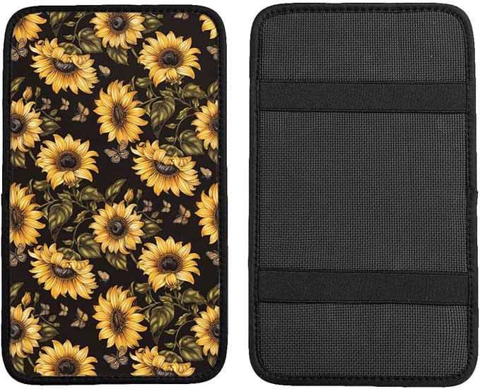 Sunflower Car Center Console Cover Yellow Black Flower Floral Armrest Box Covers SUV Van Sedans Truck Interior Accessories, Anti-Scratch Middle Console Lid Cushion Protector