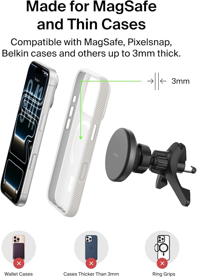 Belkin Wireless Car Charger, Magnetic Car Vent Mount w/ 3.3ft USB C Cable, Qi2 MagSafe Compatible Fast Charging iPhone Charger for iPhone 17, Galaxy S26, Pixel 10, & More - Travel Accessories - Black