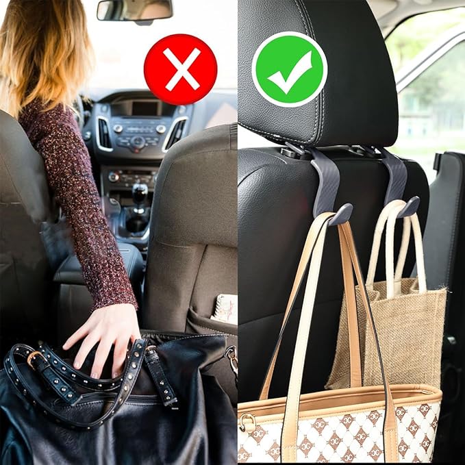 Hanemia 4PCS Car Seat Headrest Hooks, Auto Back Seat Hanger Holder, Durable Stylish Vehicle Organizer Universal Car Interior Accessories, Storage Hooks for Purses, Bags, Clothes (Carbon Fiber/Grey)