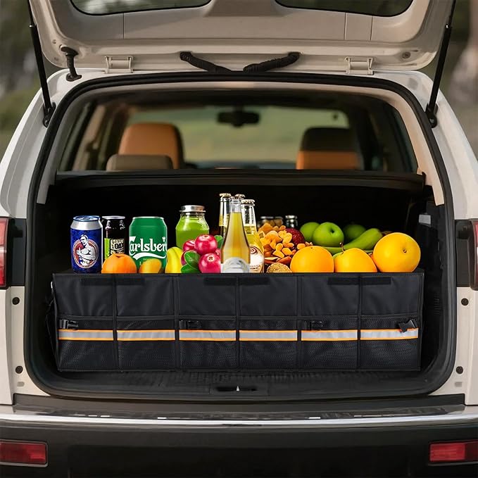 EAROND Car Trunk Organizer with Lid,Collapsible Car Storage Organizer with Multi Compartments and Securing Straps for SUV,Sedan,Jeep-Black