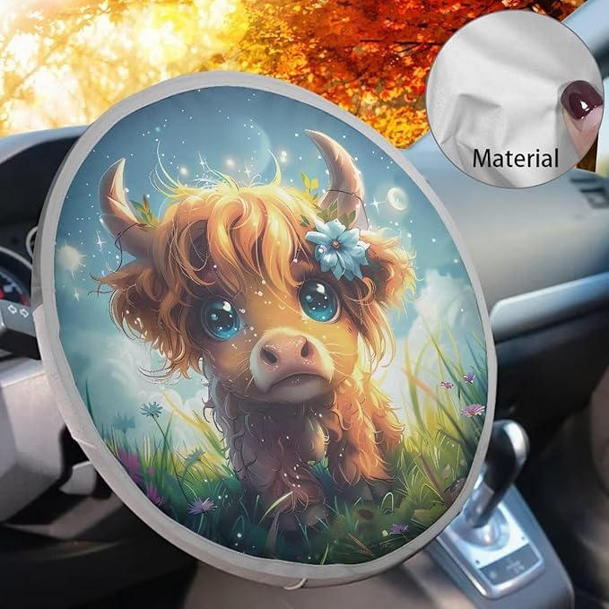 Highland Cow Steering Wheel Sun Shade Cute Cooling Car Steering Wheel Sun Shade Cover Universal Fit 17 Inch Car Rudder Protector Block UV Rays Reflector, Easy to Install