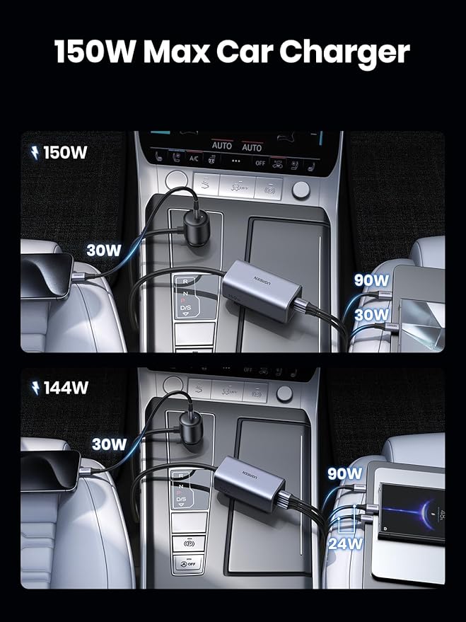 UGREEN 150W USB C Car Charger, PD 3.1 140W Car Charger Adapter Fast Charging 4-Port Cigarette Lighter USB Multi Port Charger Compatible with iPhone 17/16/15, Galaxy S24/S23, iPad, Tablet, Laptop