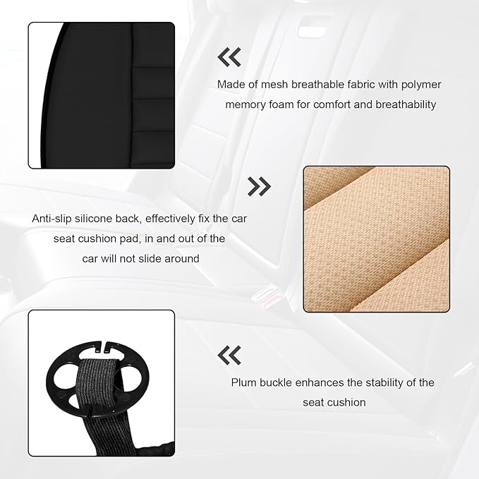 Car Seat Cushion, 1.2" Thick Comfort Memory Foam Auto Seat Pad with Non Slip Bottom, Breathable Driver Seats Pillow Pressure Relief Chair Cushion for Vehicle Office Home (Black)