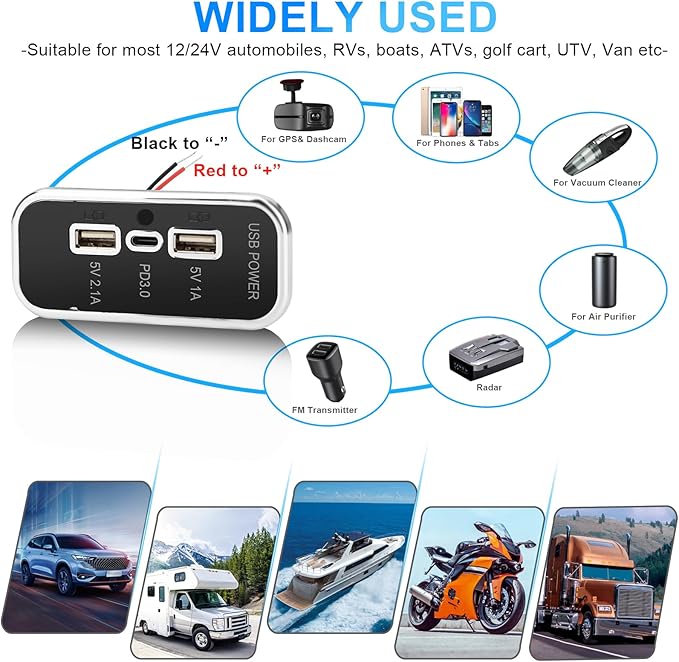 2PCS 3 Ports 12V RV USB Outlet 45.5W, Gibbab PD3.0 Type-C Quick Charge & Dual USB-A Port 3.1A Panel Wall Mount, Automotive Car Socket Charger Adapter for RV Marine Boat Bus ATV Motorcycle Truck