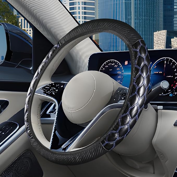 Car Steering Wheel Cover, 15 inch Elastic PU Leather Non-Slip Vehicle Steering Wheel Protector, Breathable Automotive Interior Accessories, Universal for SUV, Truck, RV (Blue)