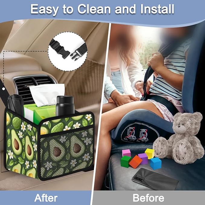 Green Avocado Flower Car Backseat Organizer PU Leather Automotive Back Seat Storage Bag Universal Hanging Garbage Box Travel Accessories Foldable