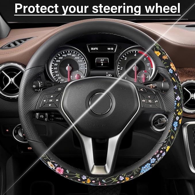 Car Steering Wheel Cover for Women Men, Non-Slip Breathable Steering Wheel, Wildflower Steering Wheel Protector, Car Accessories, Universal 14" 02/2-15" Fit Auto, Suvs