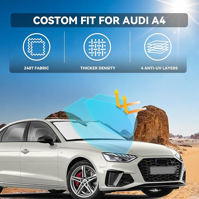 for Audi A4 2017-2024 2025 Windshield Sun Shade - 4 Layers Car Sunshades for Front Windows Shade Cover Custom Fit A4 Sun Visor 240T Retractable Shade Blocks UV Rays Car Accessories