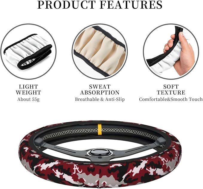 Alabama Camouflage Car Steering Wheel Cover for Men Women,Universal Automotive Steering Wheel Cover for Suvs Sedans Cars