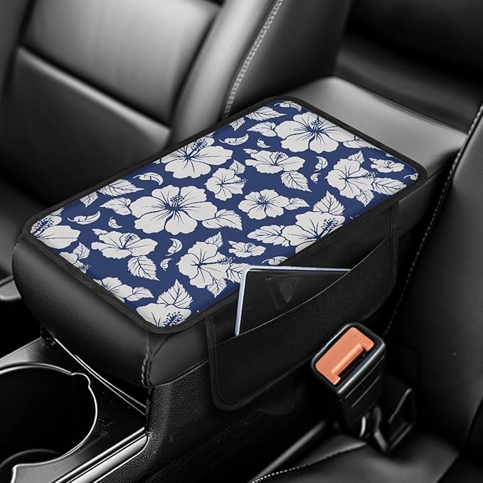 CLOHOMIN Blue Hibiscus Car Center Console Armrest Pad with 2 Pockets Fashion Auto Armrest Pad for Truck SUV Car Interior Decor Accessories Automobile Center Console Cushion Pad