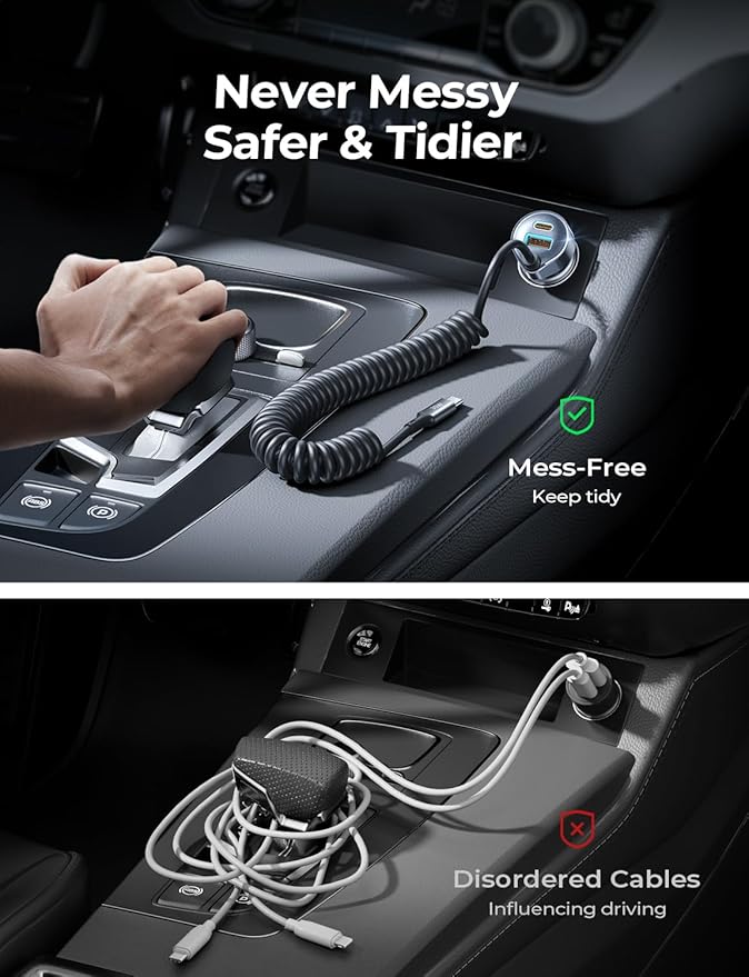 LISEN 90W Cigarette Lighter USB Charger【3.3ft for Tidy Space】,Super Fast USB C Car Charger with 45W Super Fast Charging Coild Cable Fit iPhone 17 16 15 Air Pro Max Plus,Samsung Galaxy S25/24,Android