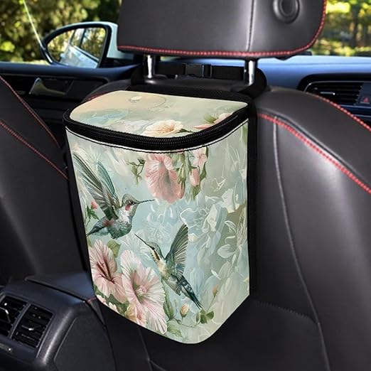 Flower Hummingbird Pattern Automotive Garbage Can Bin with Lid,Washable Car Trash Can for Travel，Cars，Universal Fit Hippie Car Accessory Interior Set