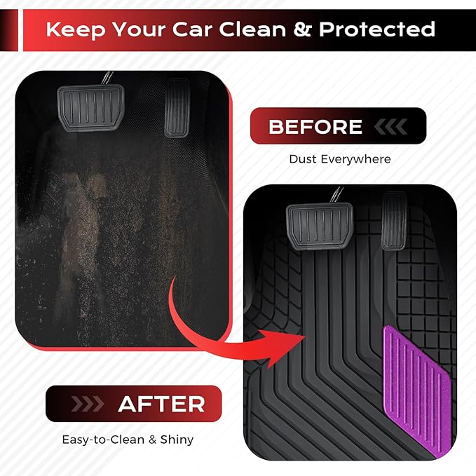 Coverado Car Floor Mats Full Set – Heavy-Duty PVC Floor Mats with Purple Metallic Heel Pad, All-Weather Protection for Front & Rear, Non-Slip Backing, Easy-Clean Interior Liners