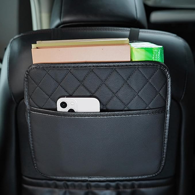 2 Pcs PU Leather Behind Seat Car Organizer, Multipurpose Hanging Bag Pocket for Most Cars (Black)