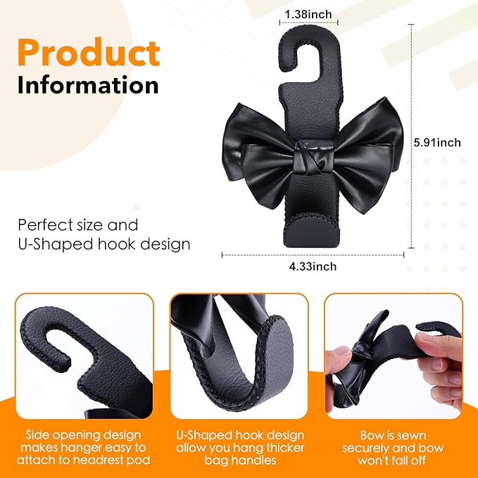 TISOHUGO Car Purse Hook, Cute Bow Hooks for Headrest - Leather U-Shaped Purse Holder for Car, Flexible Seat Back Organizer & Durable Vehicle Accessories for Bags, Coats & More (Black-2 Pack)