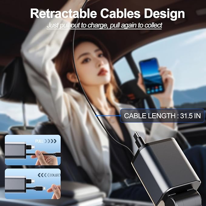 Retractable Fast Phone Charger Compatible with Tesla Model Y 3 X S, 4 in 1 Car Phone Charger Adapter 60W, USB C and Lightning Charger, Model Y 3 X S Accessories 2025-2018, 2.6ft