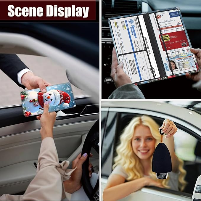 Car Registration Holder, PU Leather Vehicle Glove Box Organizer for Driver License, Document, Car Insurance Holder with Magnetic Shut, Auto Paperwork Wallet Accessories, Cute Christmas Snowman