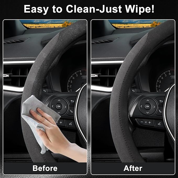 COFIT 15 inch Microfiber Suede Car Steering Wheel Cover, Universal Anti-Slip Grip Protector for SUV Truck, Black & Grey
