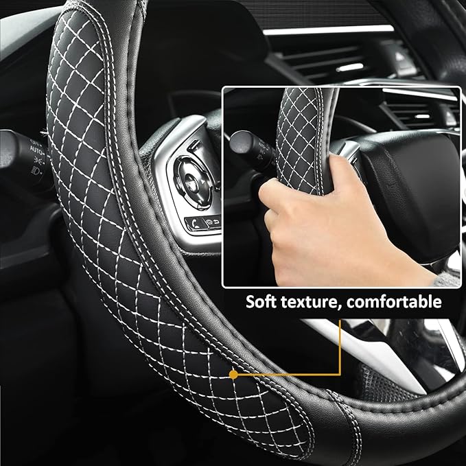 West Llama Microfiber Leather Car Steering Wheel Cover Universal Fit 15-15.5 inch SUV,Sedan,Car,Trucks(Black+Gray Line-M-Large Size)
