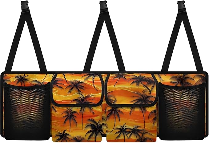 CLOHOMIN Sunset Car Seatback Organizer Coconut Tree Car Trunk Organizer Hanging Car Storage Bags with 4 Pockets Orange Car Trunk Mesh Storage Car Decor
