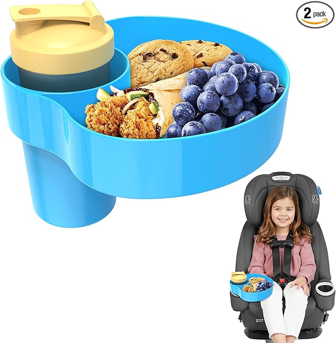2PCS Resptasski Car Seat Cup Holder Snack Tray for Kids – Travel Tray for Car, Booster, Stroller, Outdoor Universal Adjustable Tray with Detachable Base for Snacks, Toys, Food (Sky Blue)