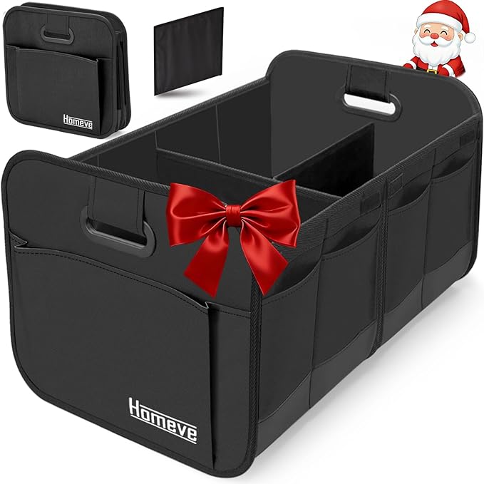 Homeve Car Trunk Organizer, Car Storage, Reinforced Handles, Collapsible Multi-Compartment Car Organizers, Foldable and Waterproof, 600D Oxford Polyester, Suitable for Any Car, SUV, Mini-Van, Black