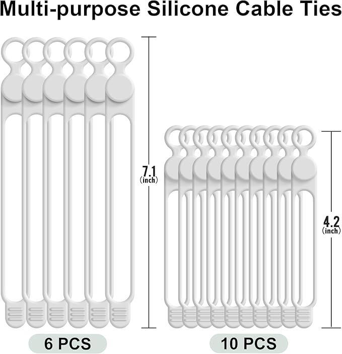 Nearockle Silicone Cable Ties Cord Organizer for Cable Management, 16PCS 4.2" and 7.1" Reusable Cable Organizer Electronic Accessories for Home, Office, Kitchen, School, Travel (White)