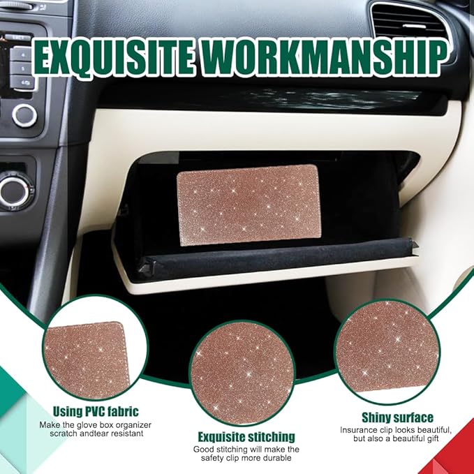 Vehicle Glove Box Car Organizer, Car Registration and Insurance Holder, Insurance Card Holder for Cars, Car Registration and Insurance Card Holder Interior Accessories for Women(Glitter-Rose)