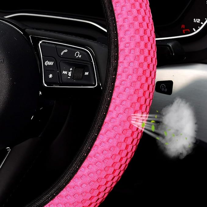 KAFEEK Elastic Stretch Steering Wheel Cover 15 Inch, Breathable Ice Silk Microfiber, Non-Slip Grip, Warm in Winter and Cool in Summer, Odorless, Car Accessories Fit Cars, SUVs, Rose Red