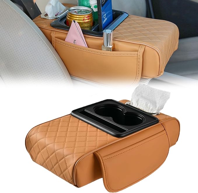 Multifunctional PU Leather Car Armrest Box Mat Organizer with Cup Holders, Universal 5-in-1 Car Armrest Storage Box Mat with Central Elbow for Most Cars (Cayenne Yellow)