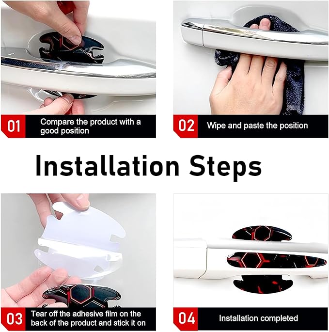 8PCS Car Door Handle Scratch Protectors, 3D Carbon Fiber Door Handle Bowl Sticker, Waterproof Scratch-resistant Self-adhesive Protective Film, Universal for Most Vehicles (Red)