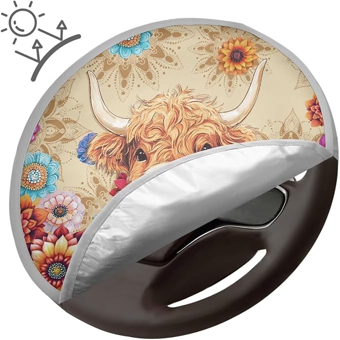 Highland Cow Steering Wheel Sun Cover 17 Inch Fashion Vehicle Steering Wheel Shade Cover for Summer Keep Your Car Cool Summer Essential Gift for Holiday