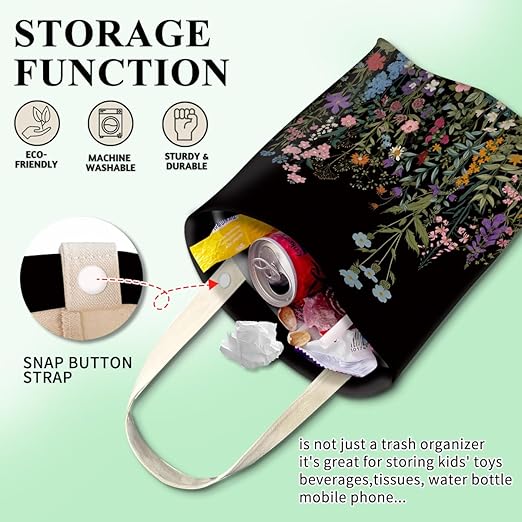 ABUIFDK Car Trash Can, Cute Car Trash Bag, Hanging Car Organizer and Storage Bag, Trash Bin for Car Accessories, Vehicle, Travelling, Camping Black Dark Flower