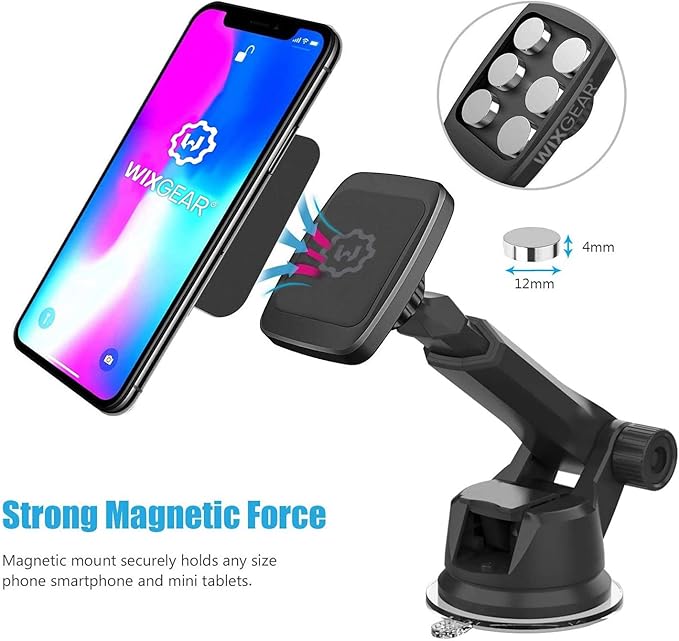 WixGear Universal Magnetic Car Mount Holder, Windshield Mount and Dashboard Mount Holder for Cell Phones and Tablets with Long Arm – (New Version Telescopic Arm)
