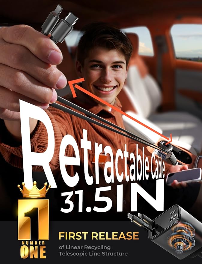 LISEN Retractable Car Charger Gift Box Edition, 84W Cars Phone Charger with Retractable Cable, Car Accessories Gifts for Men Women, 2025, USB C Fast Cars Adapter for iPhone 17 16 15 14
