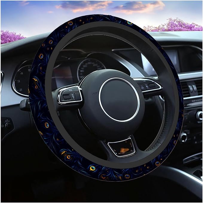 Swono Peacock Feather Steering Wheel Cushion Case Beautiful Blue and Green Peacock Feathers Neoprene Car Steering Wheel Covers 15 Inch Anti Slip Compatible Auto Car Wrap Cover for Men Women