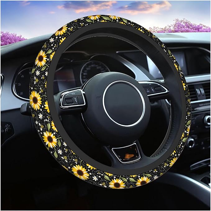 Swono Sunflower Steering Wheel Cover Cartoon Sunflower and Bee On The Black Anti-Slip Car Wheel Wrap Compatible with Most Auto Cars Trucks with 15 Inch Steering Wheels