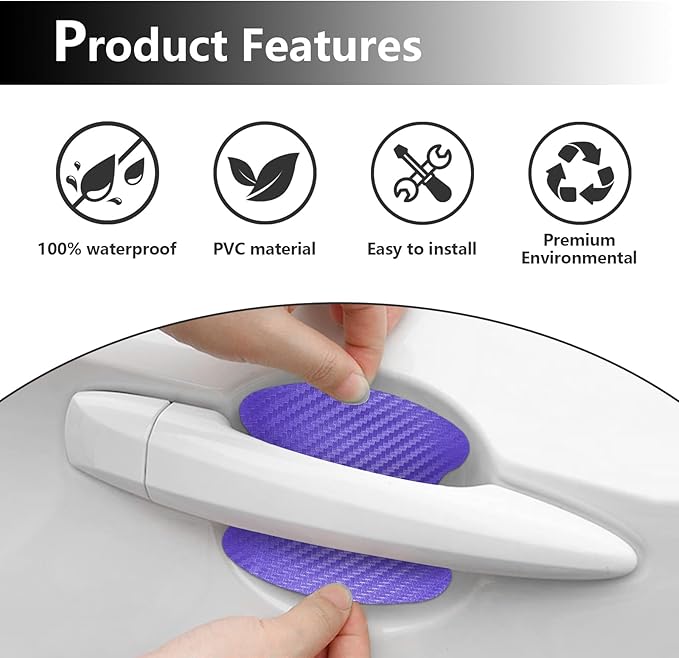 Kewucn 4PCS Car Door Handle Sticker, Carbon Fiber Auto Door Side Handle Protective Films, Anti-Scratch Vehicle Door Cup Protector, Universal Exterior Accessories for Most Cars (Purple)