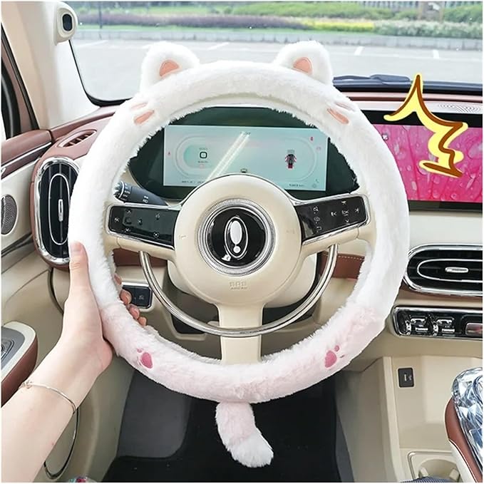 Cute Winter Plush Steering Wheel Cover - Non-Slip Warm Handlebars Decoration for Cars(Acyclic Red JIU)