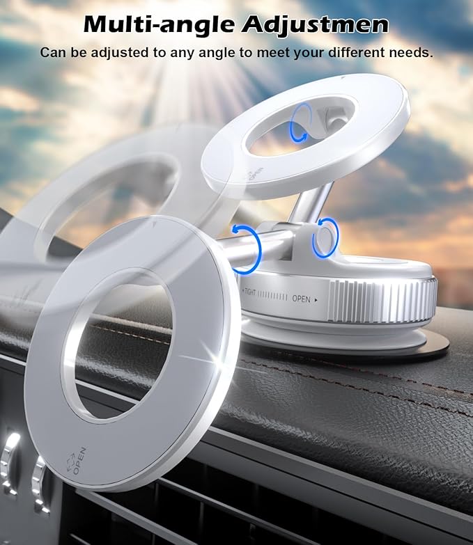 ALAFLY Car Phone Mount for Magsafe, 360° Adjustable Magnetic Phone Holder Foldable Suction Cup Phone Mount for Car/Gym/Mirror Mount for iPhone/Android, White