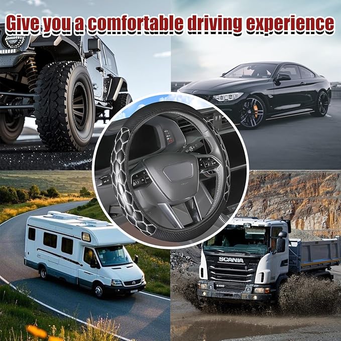 Car Steering Wheel Cover, 15 inch Elastic PU Leather Non-Slip Vehicle Steering Wheel Protector, Breathable Automotive Interior Accessories, Universal for SUV, Truck, RV (White)