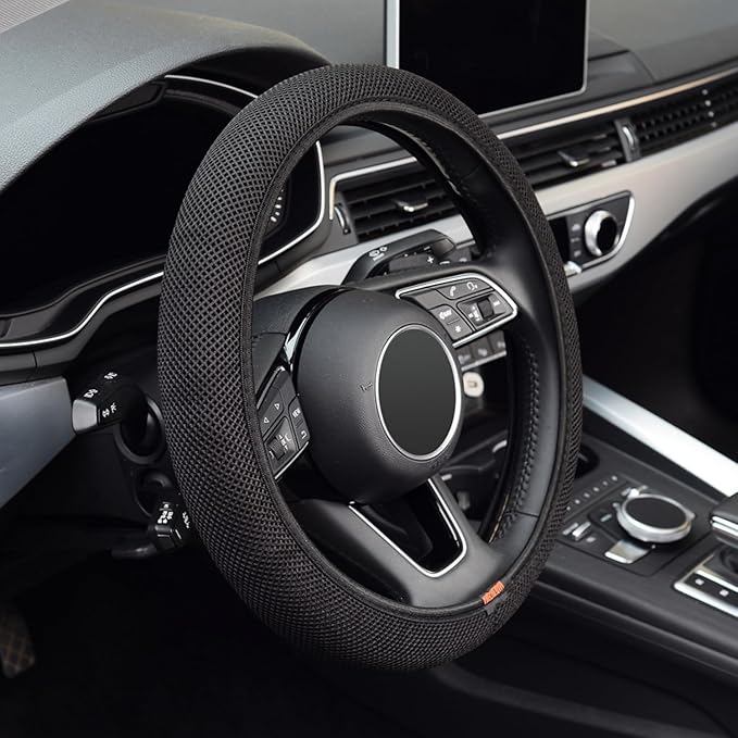 Elastic Stretch Steering Wheel Cover, Warm in Winter and Cool in Summer, Universal 15 inch Microfiber Breathable Ice Silk Anti Slip Car Interior Accessories, Odorless, Easy Carry, Black